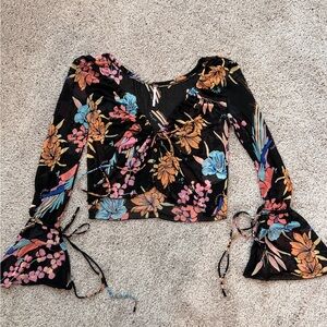 Free People Black Floral Bell Sleeve Blouse